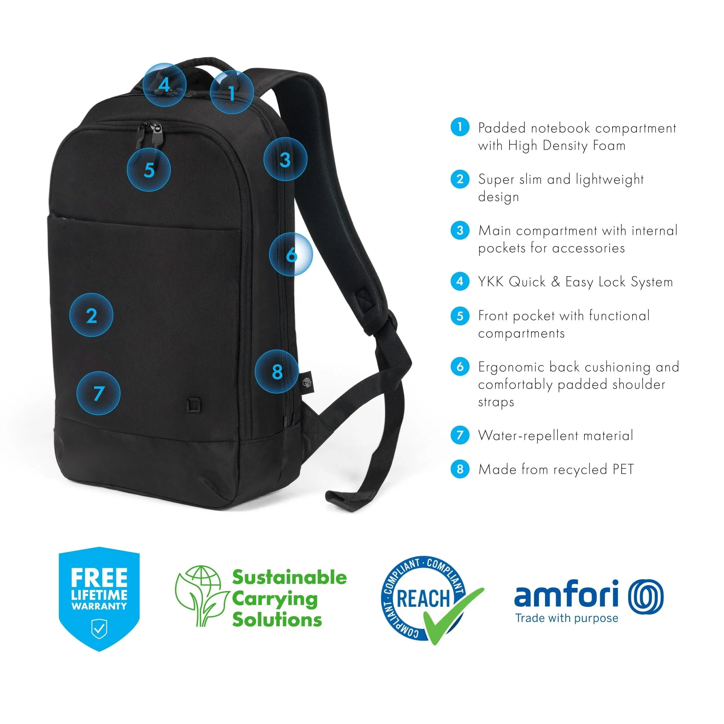 Dicota - (11L) Slim Eco Motion 14.1" Laptop Backpack for MacBook / Laptop / Notebook Travel Bag Recycled (D32015-RPET) - Black