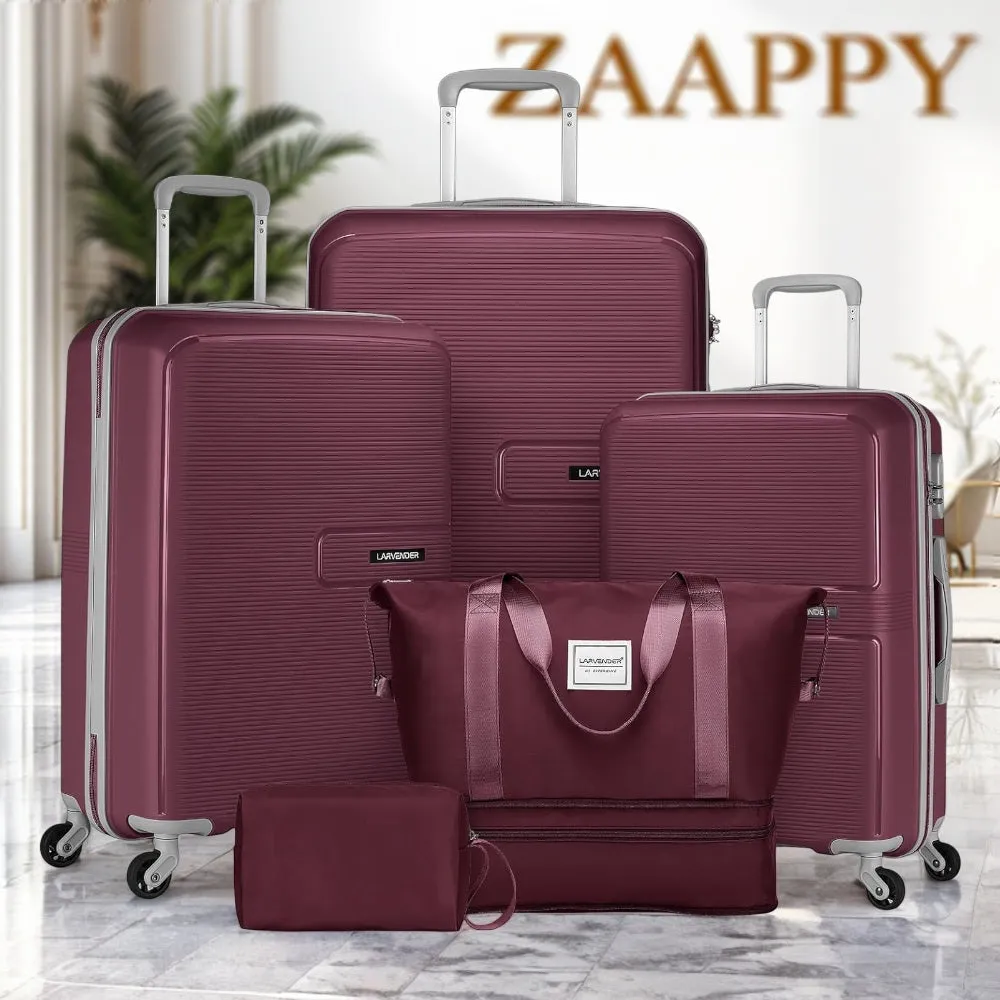 LARVENDER Expandable 5 Piece Unbreakable Hardside PP Luggage Set | Lightweight Travel Bags with Spinner Wheels | Carry On Suitcase Set with Toiletry Pouch