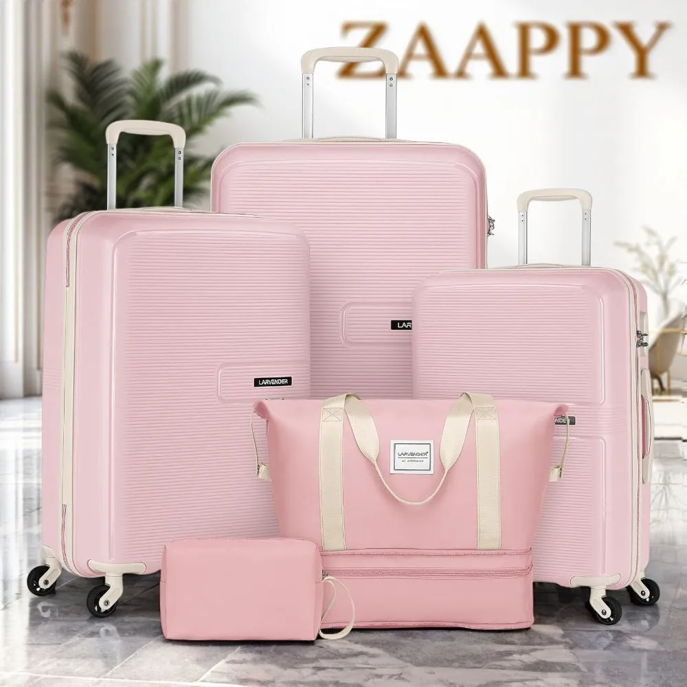 LARVENDER Expandable 5 Piece Unbreakable Hardside PP Luggage Set | Lightweight Travel Bags with Spinner Wheels | Carry On Suitcase Set with Toiletry Pouch