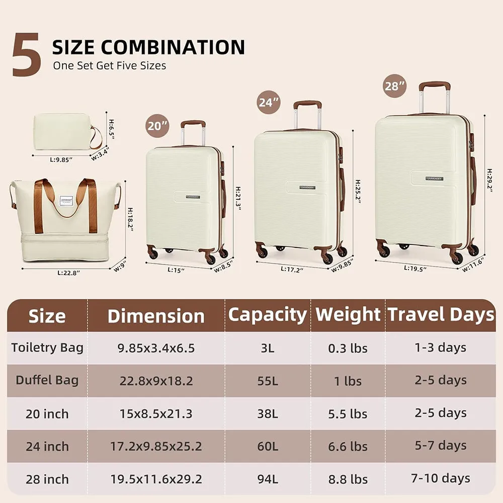 LARVENDER Expandable 5 Piece Unbreakable Hardside PP Luggage Set | Lightweight Travel Bags with Spinner Wheels | Carry On Suitcase Set with Toiletry Pouch