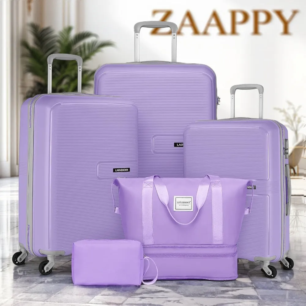 LARVENDER Expandable 5 Piece Unbreakable Hardside PP Luggage Set | Lightweight Travel Bags with Spinner Wheels | Carry On Suitcase Set with Toiletry Pouch